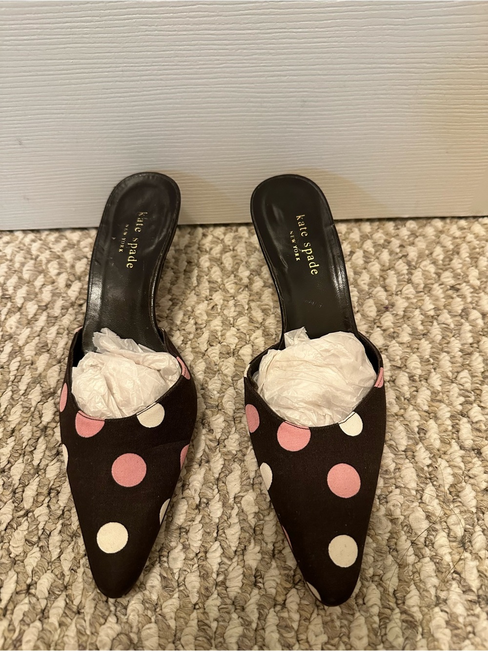 kate spade Black Pointed-Toe Mules with Pink & Cream Polka Dots